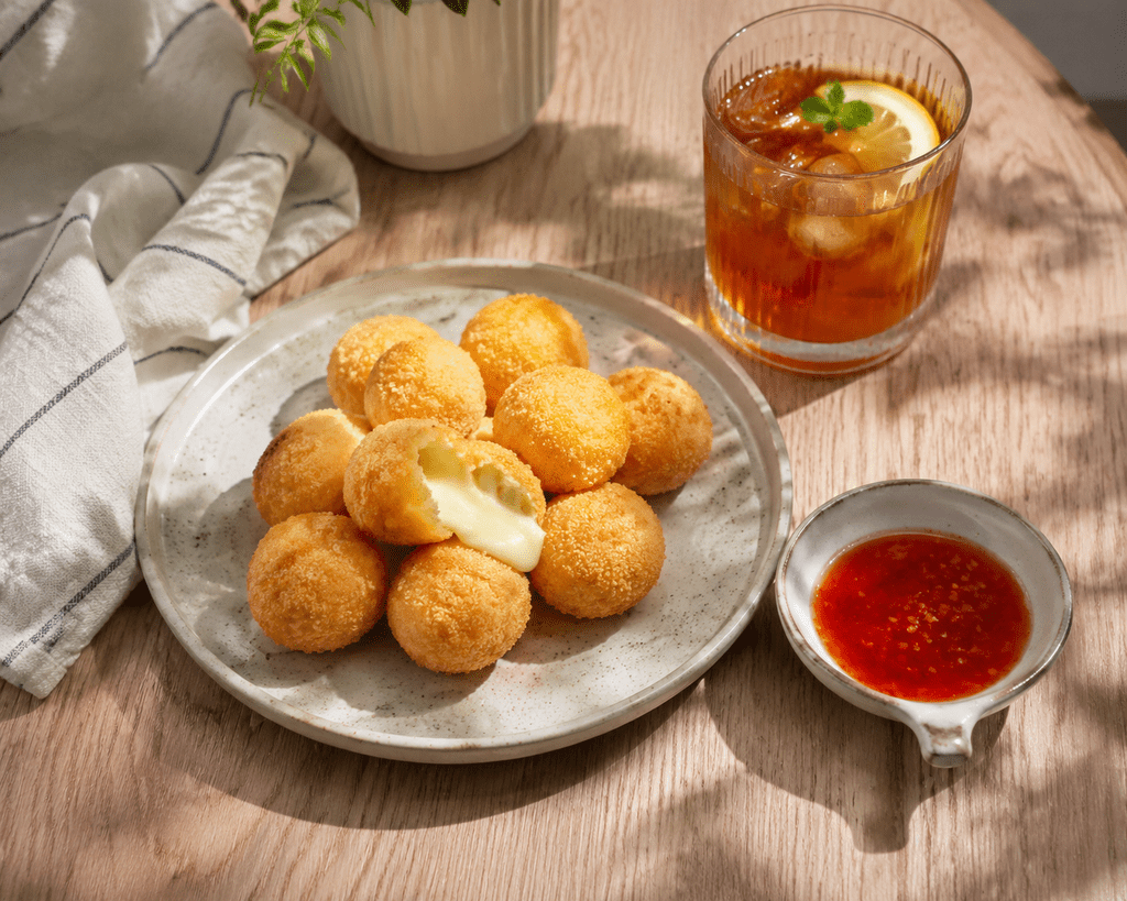Sepiring camilan crispy cheese bombs berbentuk bulat keemasan disajikan dengan saus cocolan di meja kayu.