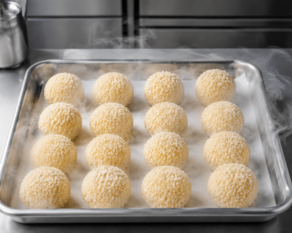 Loyang berisi bola-bola cheese bombs mentah yang didinginkan di freezer selama 15 menit agar tidak bocor saat digoreng.