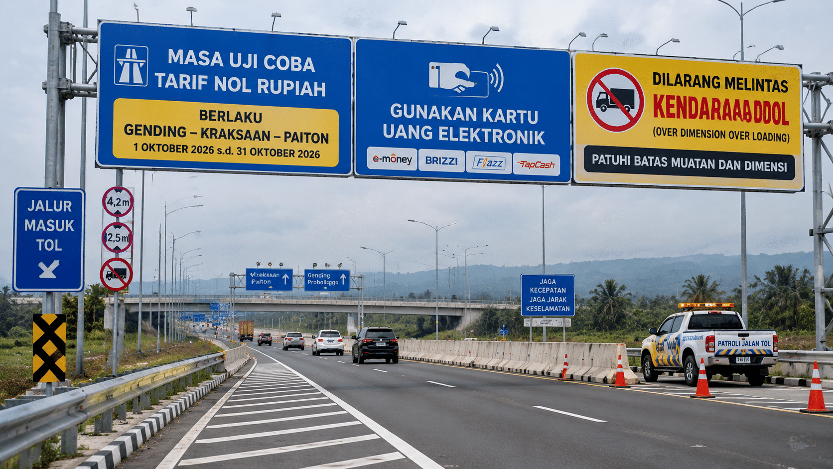 Rambu peringatan larangan truk ODOL dan kewajiban saldo e-toll di lajur masuk tol Prosiwangi.