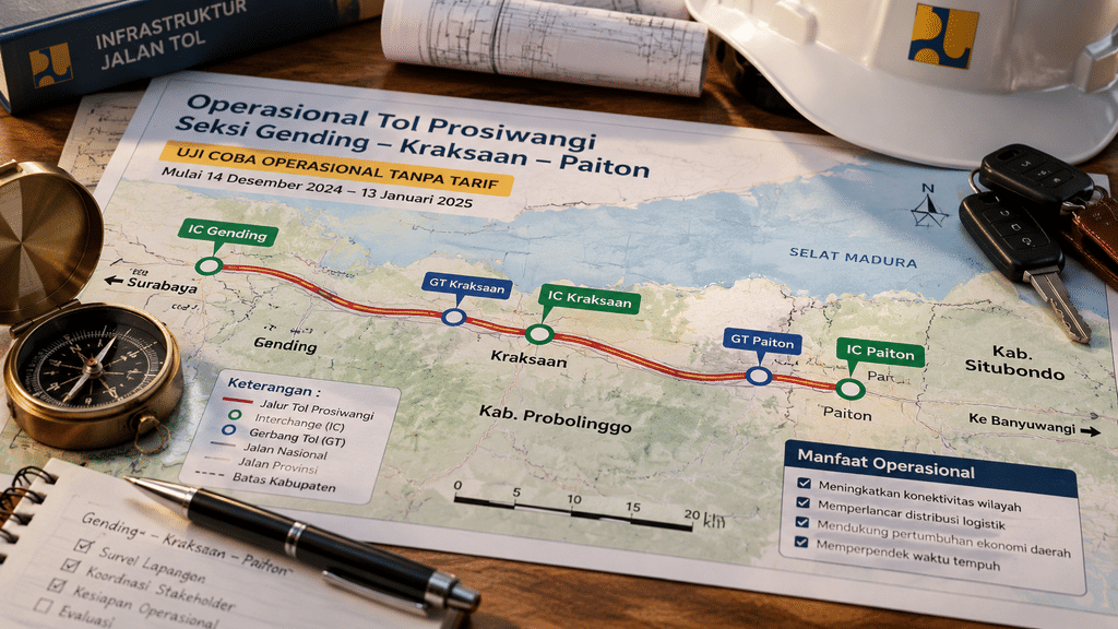 Rambu penunjuk arah dan papan informasi operasional jalan tol Prosiwangi di simpang susun Kraksaan.