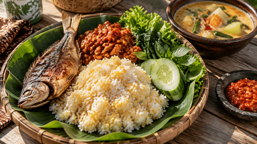 Seporsi hidangan tradisional Nasi Glepungan dengan campuran bulir jagung, ikan asin, tempe penyet, dan sayuran lodeh.