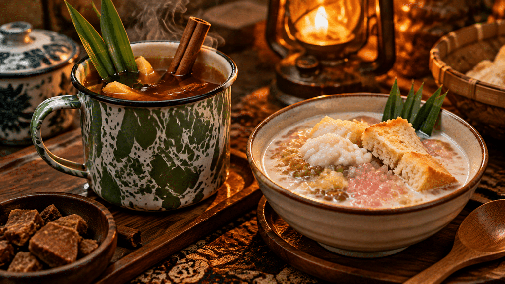 Cangkir enamel wedang pokak rempah hangat bersanding dengan semangkuk wedang angsle kuah santan jahe.