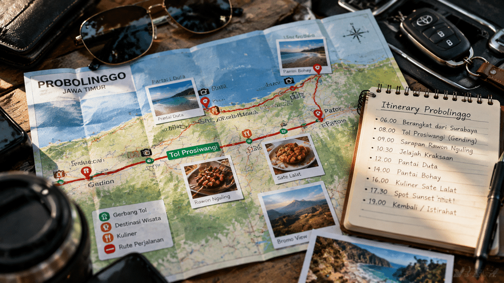 Peta rute rencana perjalanan wisata kuliner satu hari dari GT Kraksaan menuju pantai wisata Paiton.