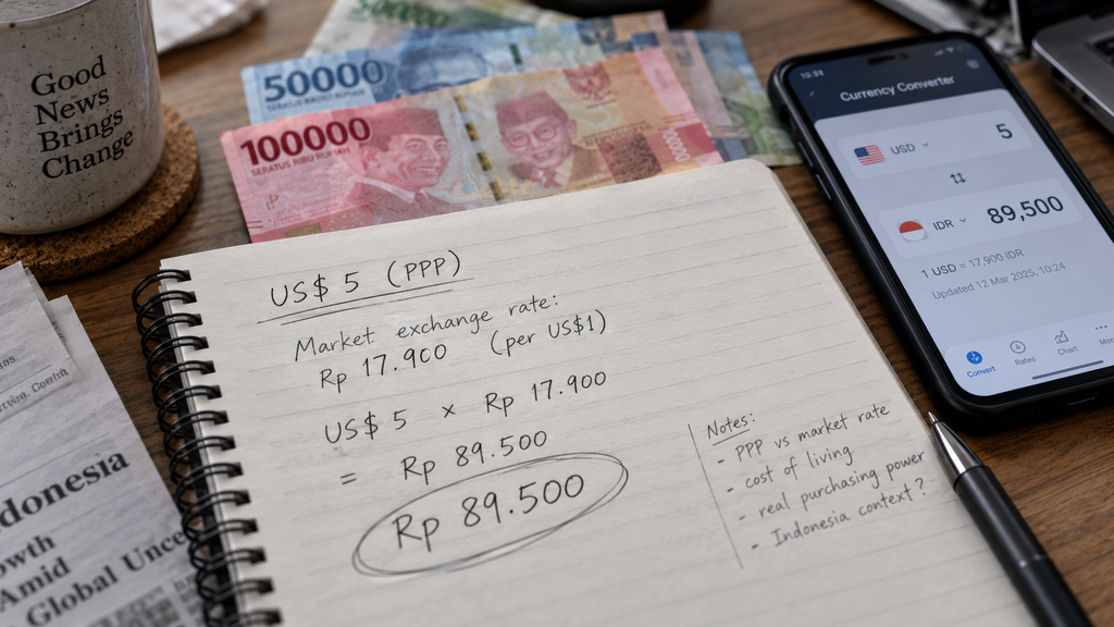 Catatan hitungan manual yang mengonversi angka 5 dolar PPP FAO menggunakan kurs pasar Rp17.900 menjadi Rp89.500.