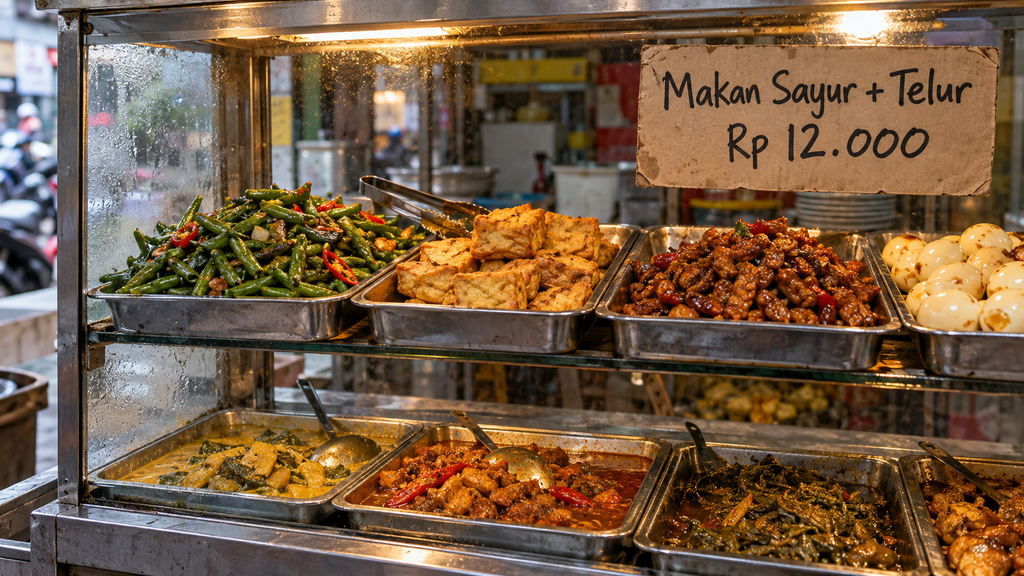 Etalase kaca warung tegal (warteg) yang menyajikan beragam lauk bergizi dengan harga terjangkau bagi masyarakat umum.