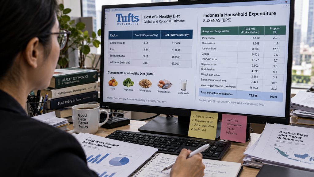 Peneliti ekonomi kesehatan memeriksa spreadsheet data pengeluaran pangan Susenas yang menunjukkan variasi harga di Indonesia.