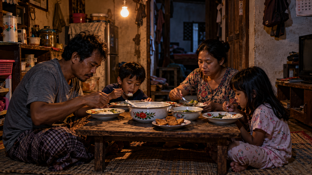 Keluarga sederhana menikmati hidangan makan malam sederhana di rumah, merepresentasikan tantangan pemenuhan gizi di kalangan menengah ke bawah.