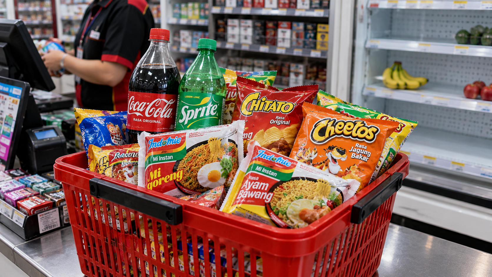 Keranjang belanja minimarket yang dipenuhi mi instan, camilan asin, dan minuman manis yang menguras anggaran rumah tangga.