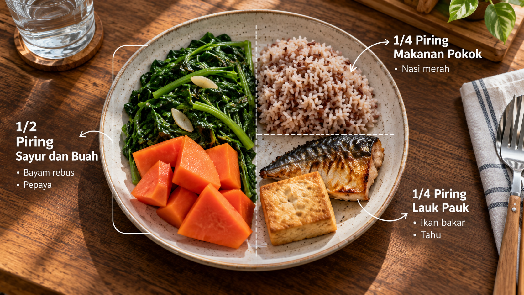 Piring makanan nyata yang memvisualisasikan panduan 'Isi Piringku' dengan porsi tepat antara sayuran, karbohidrat, lauk, dan buah.