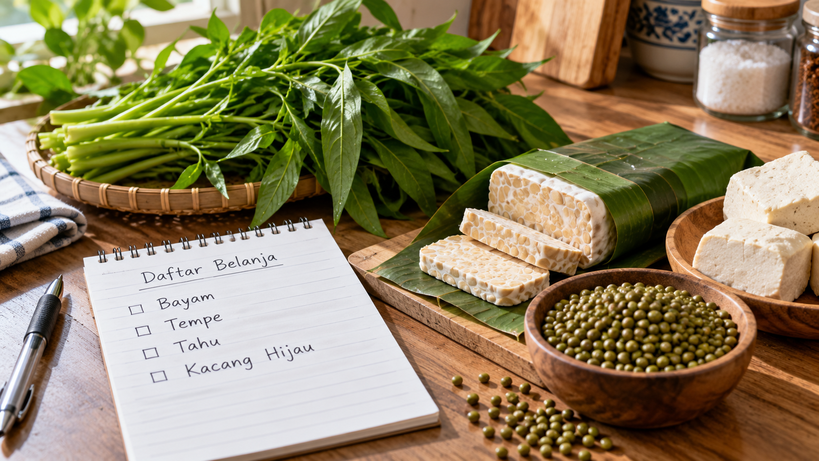 Daftar belanja tulis tangan yang memprioritaskan pembelian sumber protein nabati murah seperti tempe, tahu, dan sayuran lokal.