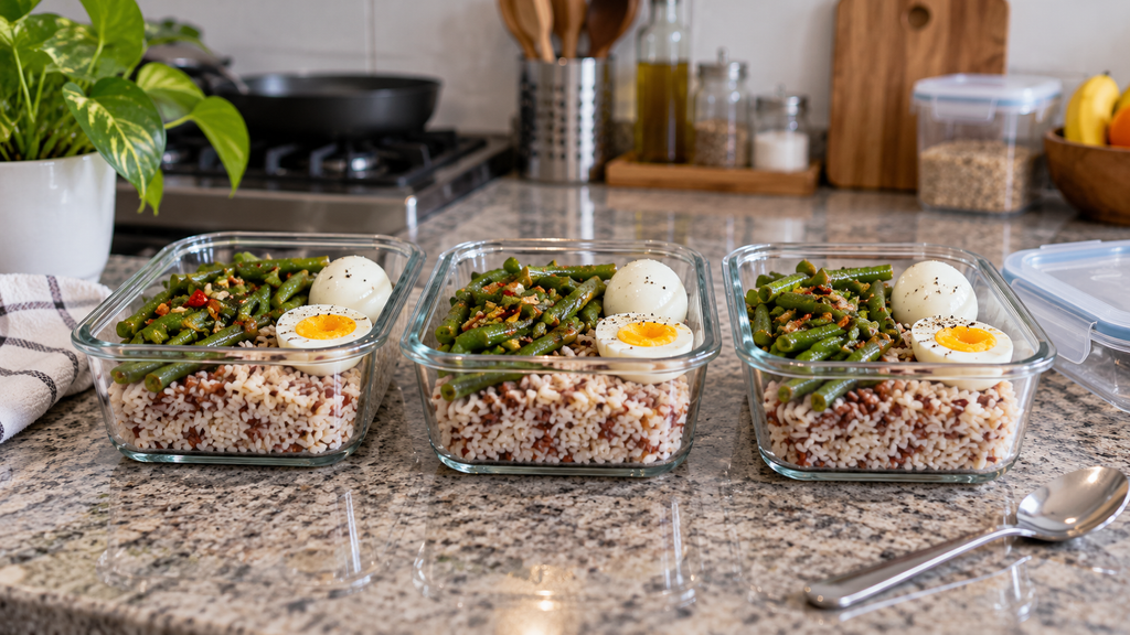 Persiapan makan (meal prep) mingguan dalam wadah kaca berisi nasi, sayuran, dan protein nabati untuk menghemat biaya makan harian.