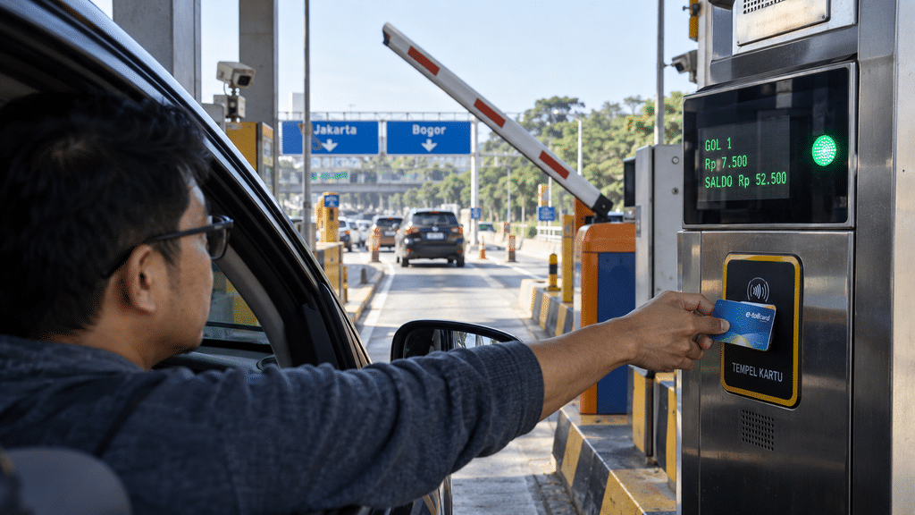 Pengemudi melakukan tapping kartu e-money pada mesin otomatis gardu tol keluar GT Kraksaan.