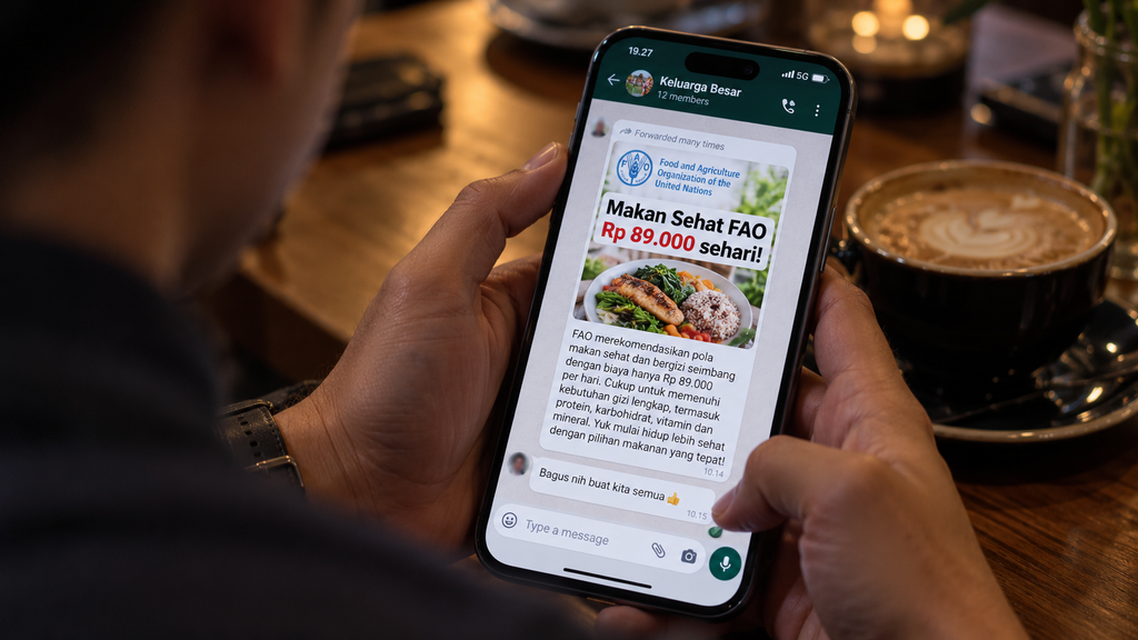 Layar ponsel menampilkan pesan berantai di aplikasi percakapan yang menyebarkan informasi keliru mengenai klaim makan sehat Rp89 ribu.