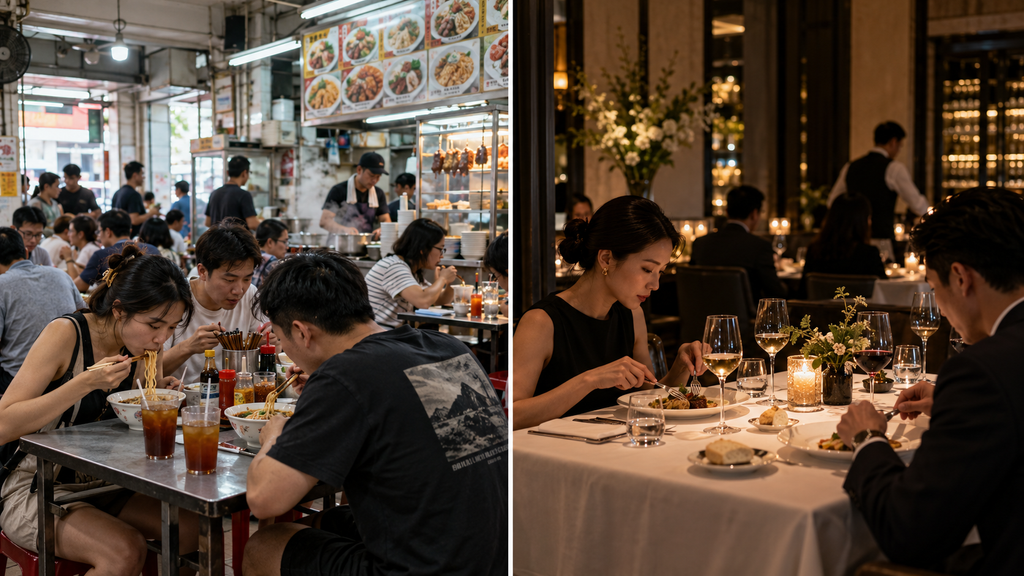 Perbandingan visual antara suasana tempat makan kasual untuk sehari-hari dengan restoran elegan untuk perayaan momen khusus.