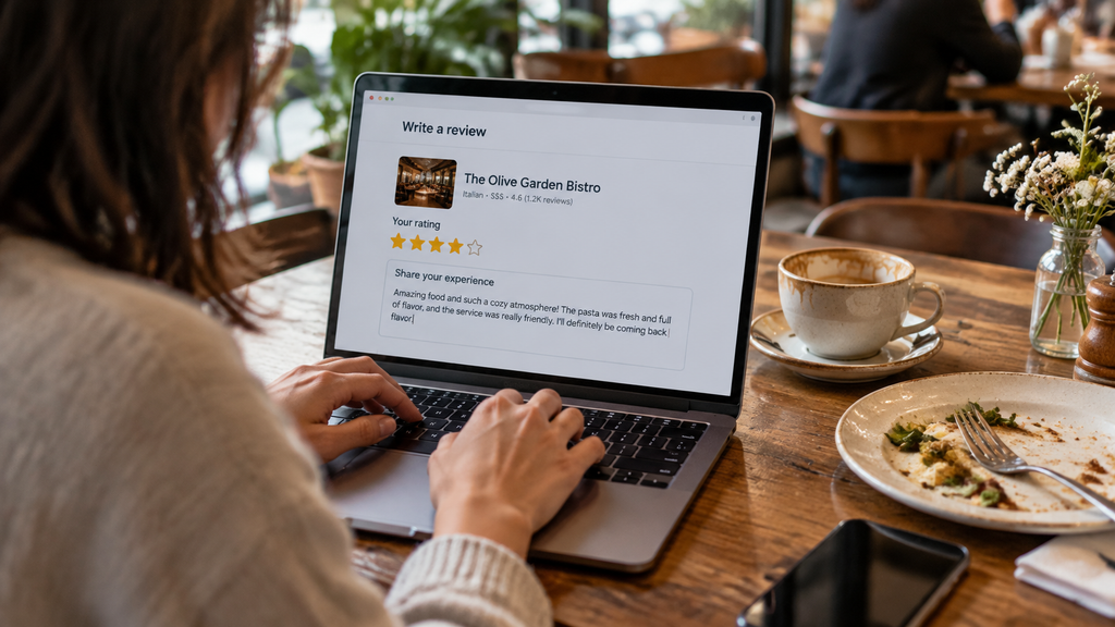 Seseorang menulis ulasan dan memberikan penilaian pengalaman bersantapnya menggunakan laptop di meja restoran.