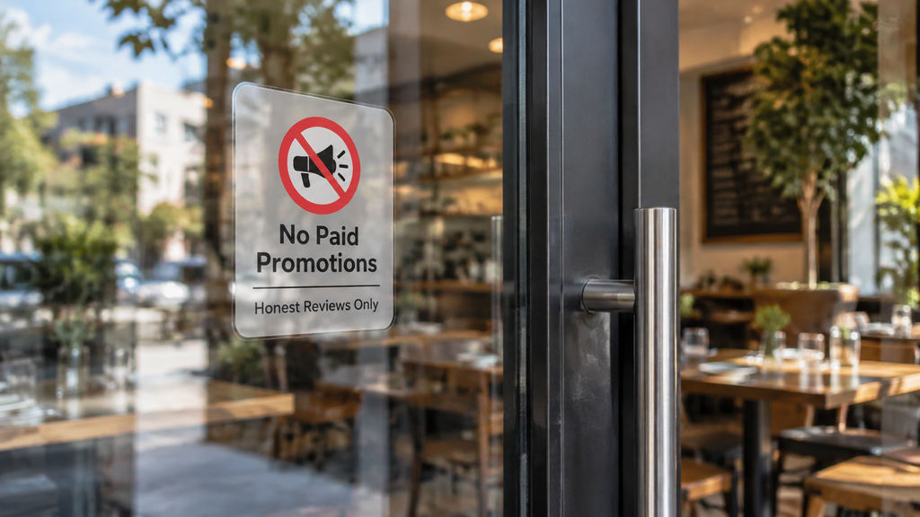 Pintu kaca restoran dengan stiker kecil yang menandakan penolakan terhadap tawaran iklan berbayar, melambangkan kebijakan organik.