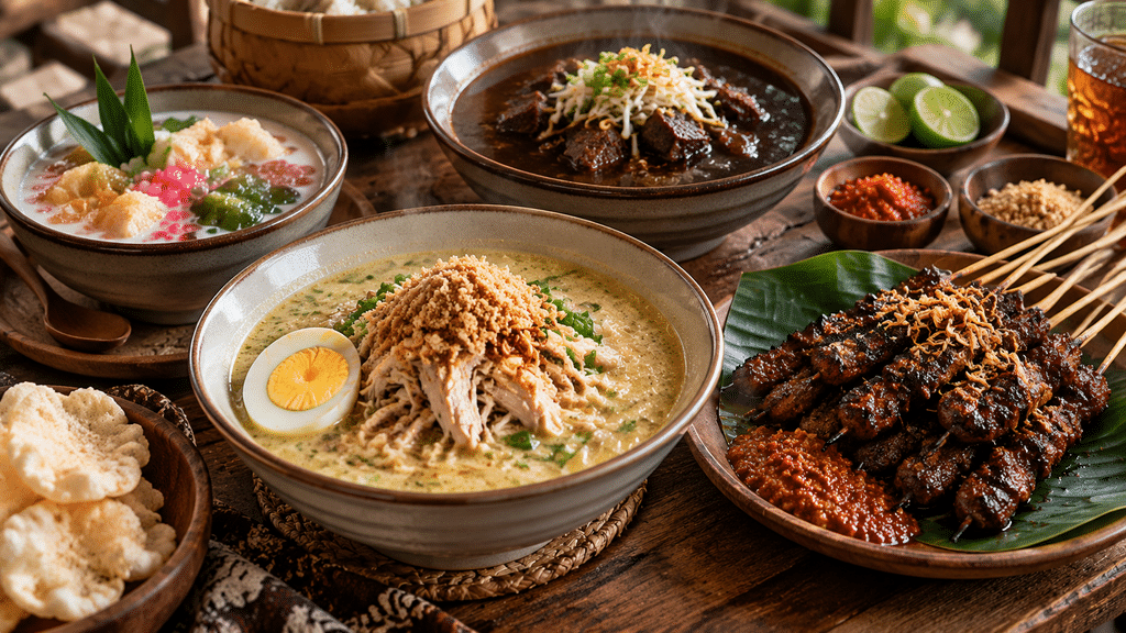 Meja hidangan tradisional menyajikan mangkuk Soto Kraksaan, sepiring Sate Lalat, dan Rawon hangat.