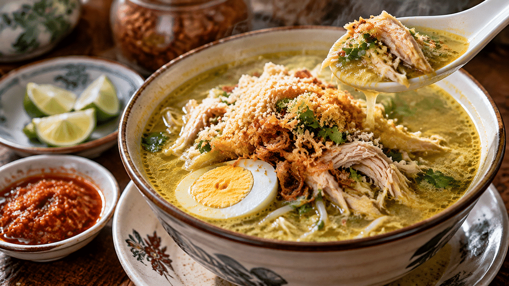 Seporsi Soto Ayam Kraksaan kuah santan gurih bertabur koya kelapa dan suwiran ayam kampung.