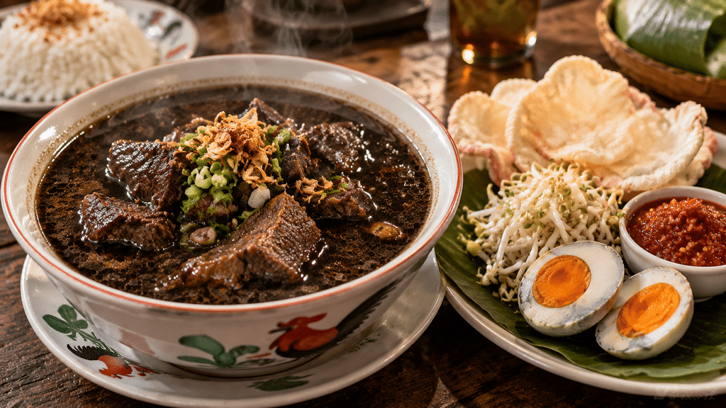 Rawon Nguling dengan potongan empuk daging sapi dan kuah kluwek hitam pekat disajikan bersama tauge pendek.