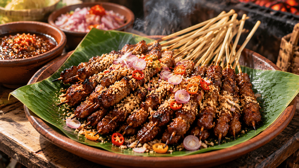Sepiring sate lalat dengan tusukan lidi tipis dan potongan daging mungil berbalut bumbu kacang gurih.